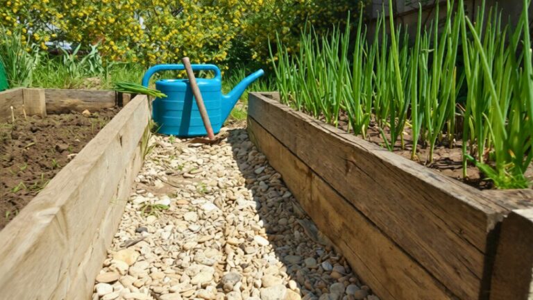 I tried gravel between the garden beds and hated it by the second weed pull