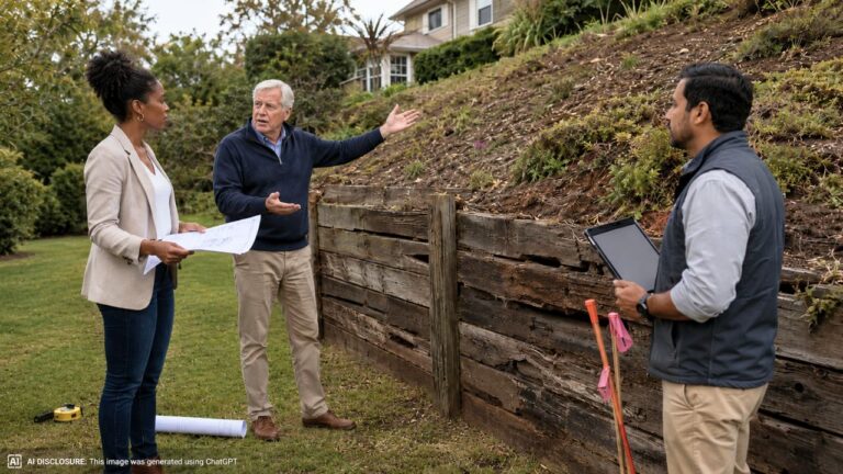 New Homeowner Finds the Neighbor’s Aging Timber Retaining Wall Was Built Three Feet Into the Property — Then the Neighbor Says Disturbing It Would Cause a Hillside Collapse and Refuses to Allow Survey Markers Anywhere Near It