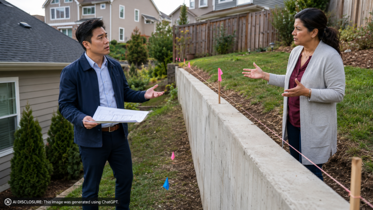 Buyer Closes on a Sloped Lot and Finds the Neighbor’s Concrete Retaining Wall Sits Fourteen Inches Over the Property Line — Then the Neighbor Says the Wall Protects Both Properties and Demands It Be Recognized as a Shared Structure