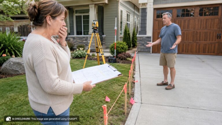 New Homeowner Orders a Land Survey and Finds the Neighbor’s Concrete Driveway Crosses Entirely Over the Property Line — Then the Neighbor Says No One Told Them Where the Line Was