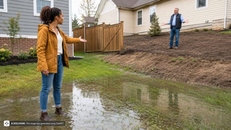 New Homeowner Finds Two Inches of Standing Water Across Half the Yard Traced to a Neighbor’s Regraded Lot — Then the Neighbor Says the Water “Has to Go Somewhere”
