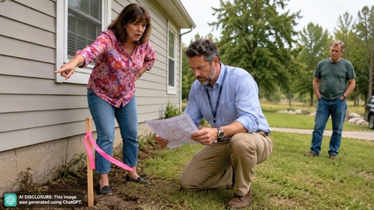 Semi-Rural Homeowner Spots a Fresh Survey Ribbon With a Boundary Stake Set Closer to Her House Than the Town Map Allows — Then a Town Investigation Finds Every One of the Neighbor’s Stakes Was Off