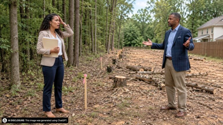 Buyer Closes on a Wooded Lot and Finds Half the Trees Along the Back Line Were Cleared Before Closing — Then the Seller Claims All the Felled Timber Was on the Neighbor’s Side of the Survey Line