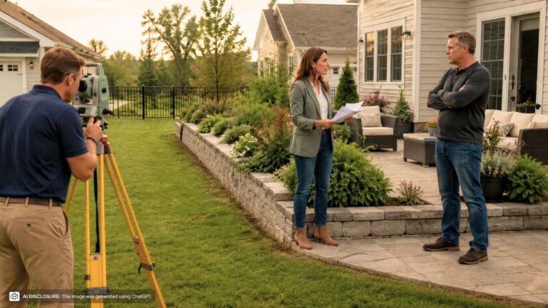 New Homeowner Commissions a Survey and Finds the Neighbor’s Garden Beds and Patio Hardscaping Have Crossed Two Feet Over the Line — Then the Neighbor Says They Have Invested Thousands in That Area and Will File for Adverse Possession If Asked to Remove It