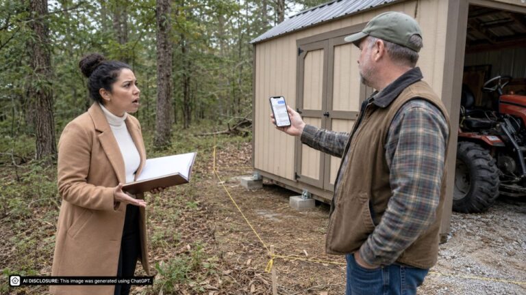 Buyer Closes on a Rural Wooded Lot and Finds a Neighbor’s Equipment Storage Shed Anchored to a Corner of the Property — Then the Neighbor Says the Previous Owner Gave Verbal Permission and Claims to Have Text Messages Proving It