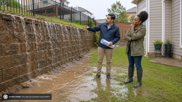 New Landowner Finds the Neighbor’s Six-Foot Retaining Wall Funneling Storm Water Straight Into the Yard — Then an Engineer Says the Wall Was Never Built to Code