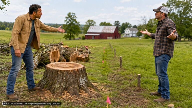 Rural Property Owner Finds the Neighbor Cut Down a Fifty-Year-Old Tree Standing Fully on the Land — Then the Neighbor Says the Tree Was “Leaning His Way”