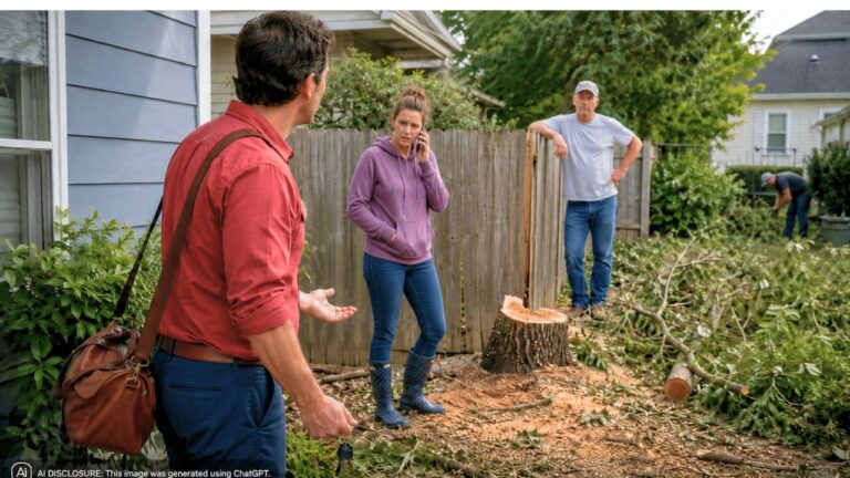 Homeowner Comes Home From Work to Find the Neighbor Cut Down Their Fence-Line Tree Without Asking — Then Learns She Already Cost Them $600 in Fines Over a County Complaint About Ladders