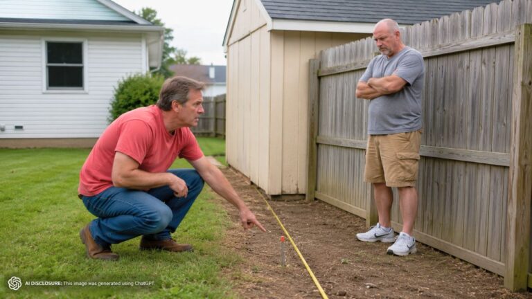 Homeowner Finds the Survey Pins Confirming the Neighbor’s Fence Sits a Foot and Eight Inches Over the Line — Then the Neighbor Flatly Refuses to Move the Fence or the Shed Built Beside It