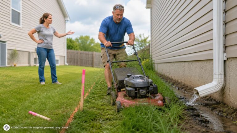 New Homeowner Finds the Neighbor Repeatedly Pulling Up Survey Stakes and Draining Gutter Runoff Onto the Land — Then He Keeps Mowing Deep Into the Yard Regardless