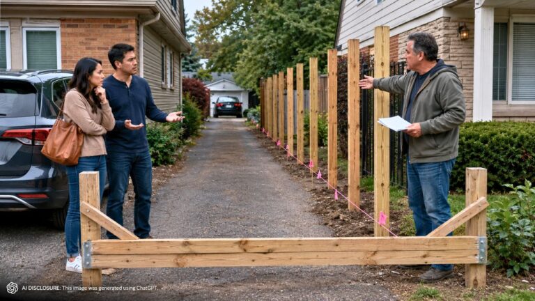 New Homeowner’s Neighbor Gets His Own Survey and Starts Building a Six-Foot Fence Inside Their Shared Driveway — Then Refuses to Sell Back the Strip and Blocks the Entrance With a Wooden Barrier