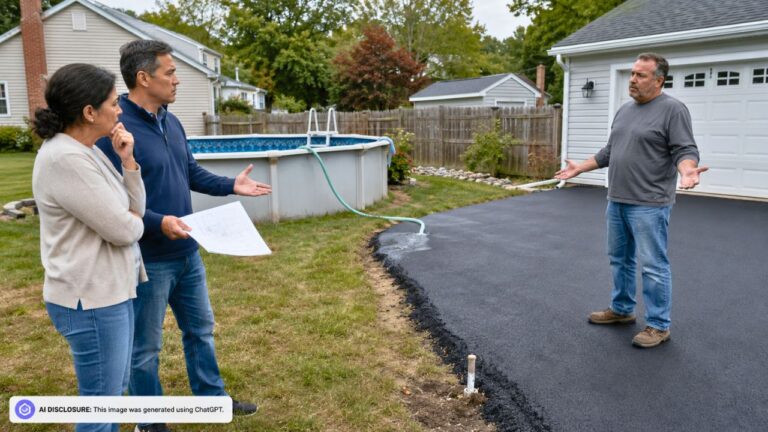 Homeowner Hires a Surveyor and Finds the Neighbor’s Driveway Paved Several Feet Onto Their Land — Then the Neighbor Drains a Pool Into the Yard, Blows Snow Onto the Garage Roof, and Repaves Over the Boundary Marker