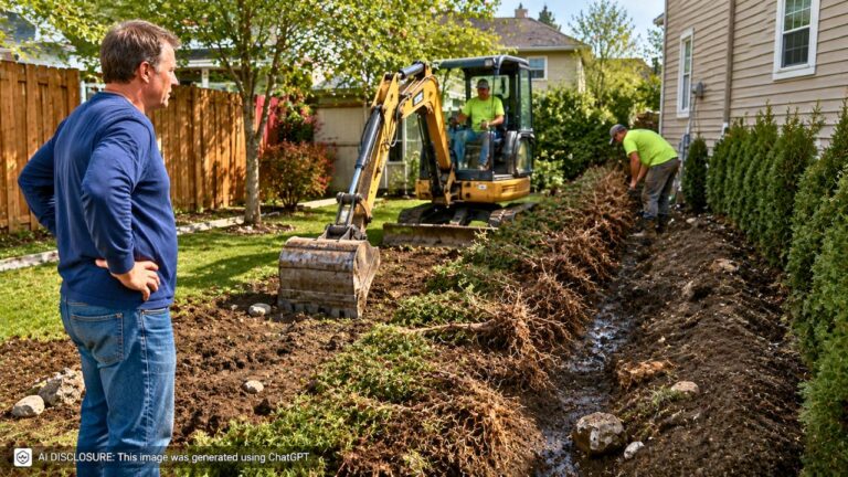 Wisconsin Homeowner Traces Water Surfacing in the Yard to the Neighbor’s Water Line With No Easement — Then His Repair Crew Parks a Backhoe in the Yard and Destroys Forty Feet of Privacy Bushes