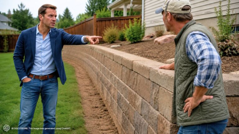Homeowner Agrees to Let the Neighbor Build a Retaining Wall Along the Line — Then He Builds the Wall Eight Inches Onto the Property, Well Beyond the Surveyor’s Buffer Stakes