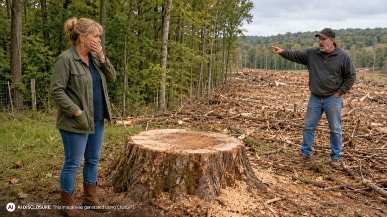 Tennessee Landowner Finds a 70-Year-Old Walnut Tree Stump Twenty Feet Inside Her Property Line After the Neighbor’s Clear-Cut — Then He Threatens to Shoot Trespassers Even Off His Own Land