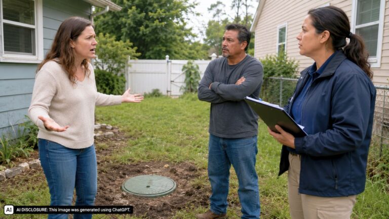 New Homeowner Finds the Neighbor’s Septic Tank Buried Ten Feet Past the Property Line — Then the County Health Department Confirms the System Was Never Permitted There