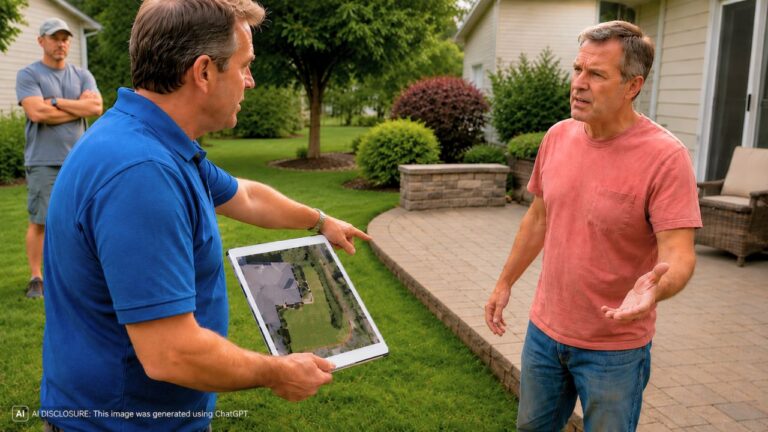 Aerial Survey Photos Show the Neighbor’s Patio and Invisible Dog Fence Extend Several Feet Onto Homeowner’s Land — Then the Neighbor Accuses the Company of Cutting Their Fence Line Instead