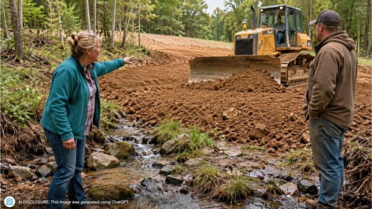 Rural Landowner Watches the Neighbor’s Contractors Send a Bulldozer 400 Feet Onto Her Land After Promising to Stay Off — Then It Buries Her Natural Spring Under a Flattened Dirt Pad
