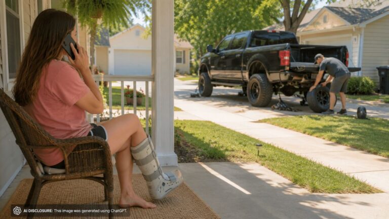 Homeowner’s Husband Deploys and She Breaks Her Leg — Then the Neighbor Starts Using Their Empty Driveway to Park His Truck and Swap Out His Lifted Tires