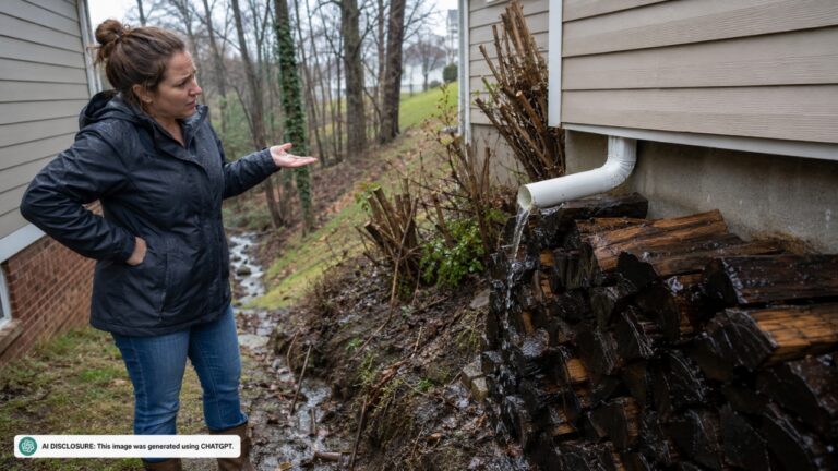 New Homeowner Finds a Drainage Pipe Installed an Inch From the Property Line Aimed Straight at Her Firewood Pile — Then Learns One Elbow Joint Could Have Sent the Water Downhill Instead