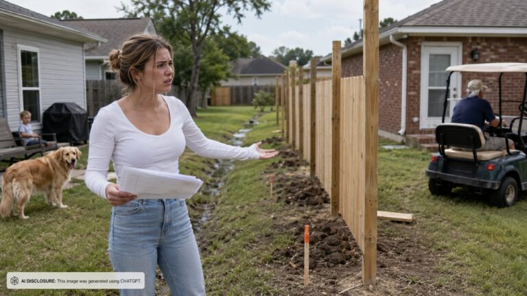 Newlywed Homeowner Confronts the Elderly Neighbor Alone While Her Husband Is Deployed — Then He Slams the Door in Her Face and Rides Off on His Golf Cart Instead of Moving the New Fence