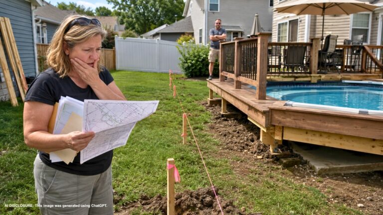 Homeowner Orders a Survey Before Building a Fence and Finds the Neighbor’s New Pool and Deck Sitting on Her Land — Then the Town Starts Sending Fine Letters Until It’s Removed