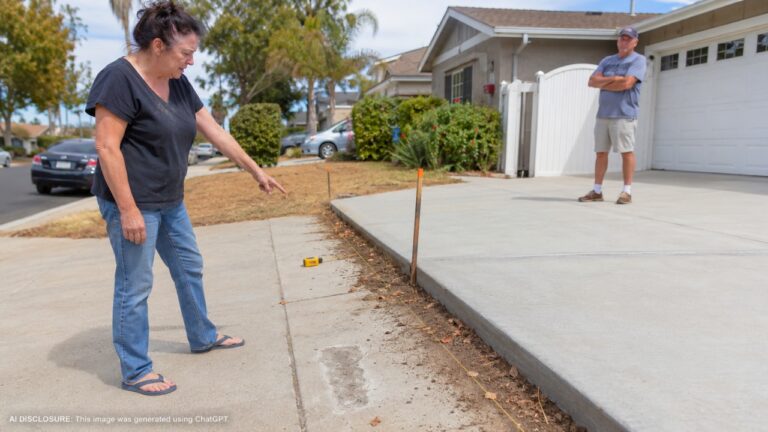 California Homeowner Finds the Neighbor Ground Out the Builder’s Surveyor Mark in the Sidewalk and Cut a New Line Half a Foot Onto the Property — Then Widens the Driveway to the New Line He Made Up Himself
