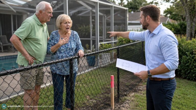 New Lot Owner’s Survey Claims Part of an Elderly Couple’s Lanai and Pool Sit on His Land — Then He and His Title Rep Threaten to Bulldoze the Fence to Build a New House