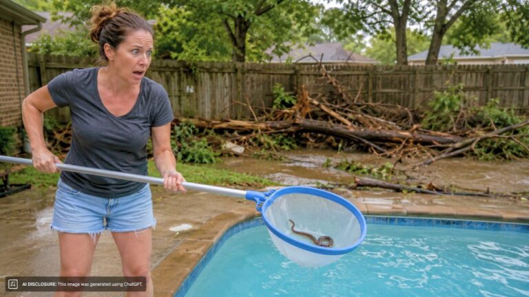Homeowner Finds the Drainage Easement Behind Her Fence Clogged With Fallen Trees and Debris — Then Pulls a Baby Water Moccasin Out of Her Pool