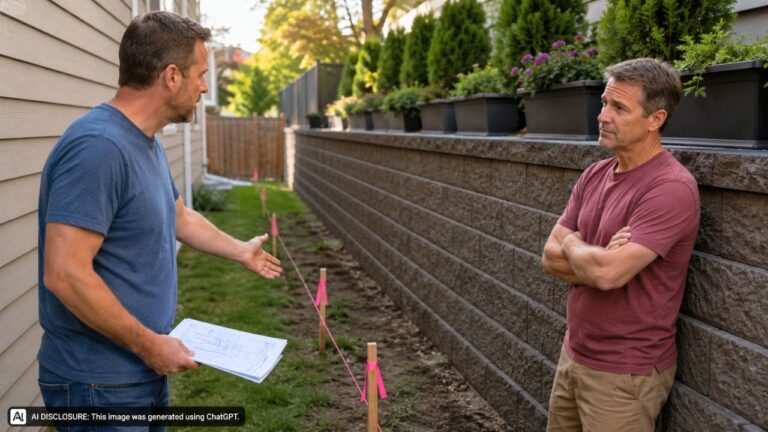 Homeowner Has a Survey Done and Gets Stakes Set Two to Three Feet Back for a Neighbor’s New Retaining Wall — Then the Neighbor Builds It Eight Inches Onto Their Side Anyway, Topped With Planters