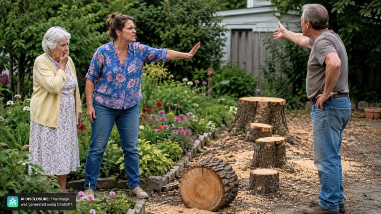 Neighbor Asks Permission to Cut One Tree Near Her Mother’s Thirty-Year Garden — Then Cuts Down Seven and Claims the Entire Yard Is Actually His Property