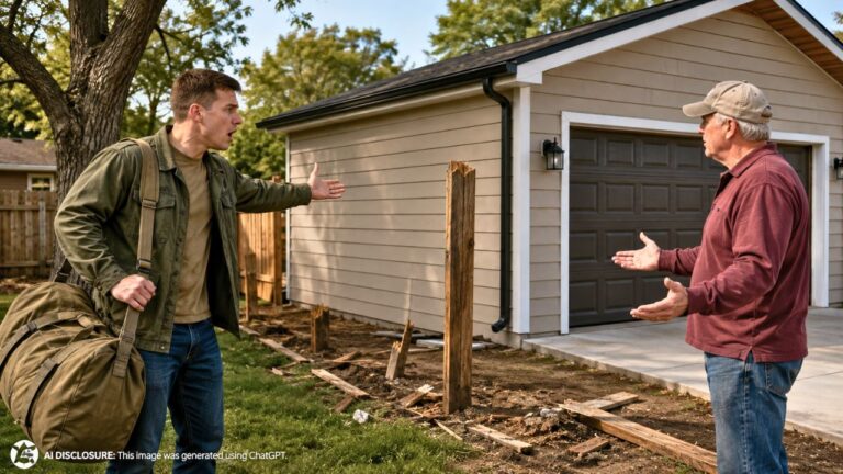 Homeowner Returns From Military Leave to Find the Neighbor Tore Down Their Shared Fence — Then Learns the Neighbor’s New Garage Is Meant to “Be the New Fence”