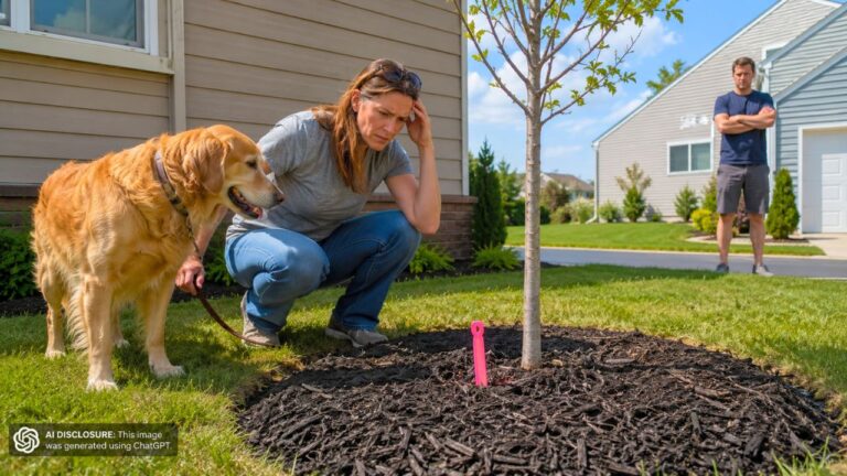 Homeowner Finds a Survey Marker Moved Into the Middle of a Mulch Ring — Then Finds the Tree the Neighbor Planted There Over a Year Ago