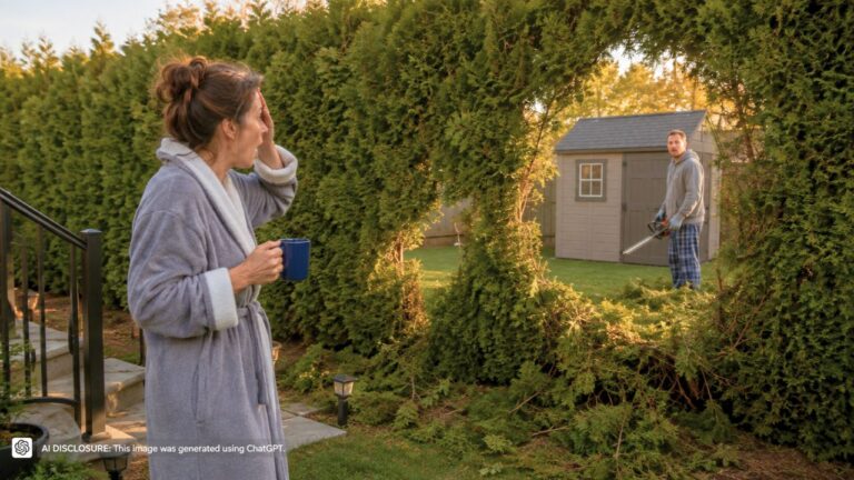 Homeowner Wakes to Find the Neighbor Pruned Holes Into a Privacy Hedge of Mature Spruces — Then Discovers It Was to Open Up a View of His New Shed