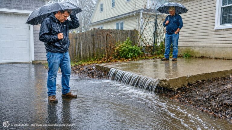 Massachusetts Homeowner Finds the Neighbor Poured a DIY Concrete Slab That Redirects Rainwater Onto the Driveway — Then Worries About It Turning Into a Black-Ice Machine All Winter