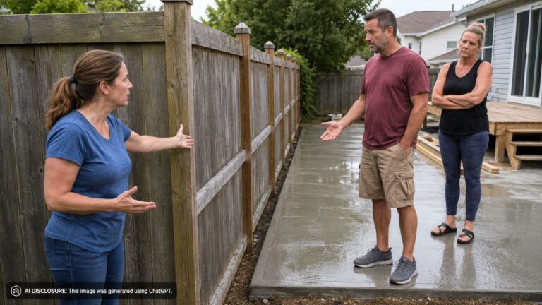 Homeowner Overhears the Neighbor’s Wife Insist on a Concrete Patio Poured Flush to the Shared Fence Line — Then Watches Him Admit It Could Flood Both Yards Before Promising a Fix