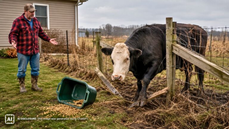 Rural Midwest Homeowner Watches the Same Neighbor’s Cow Break Through a “Fixed” Fence Again and Again — Then Tallies Ruined Feed Tubs, Eaten Rabbit Food, and a Trampled Yard From the Repeat Visits