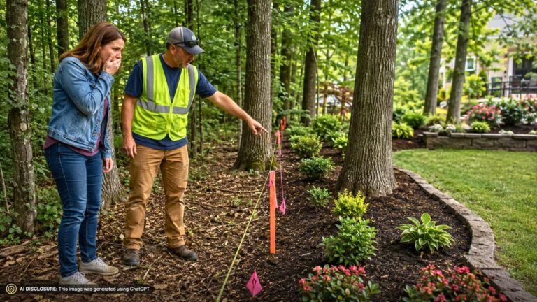 New Homeowner’s Survey for a Backyard Fence Reveals a Neighbor Landscaped Twenty-Five to Thirty Yards Onto Their Land Behind the Tree Line