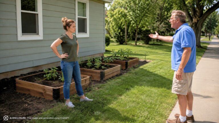 First-Time Homeowner Sets Up Garden Beds Four Feet Inside the Property Line — Then the Neighbor Claims Ownership Up to the Sidewalk, Overlapping Her House by a Few Feet