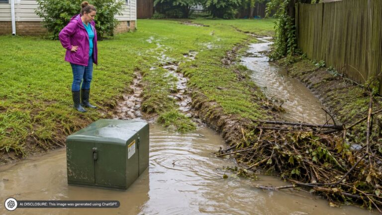 New Homeowner Finds a City Drainage Ditch Blocked by the Neighbor’s Tree Debris — Then Floodwater Erodes the Yard and Pools Six Inches Deep Around the Electrical Box