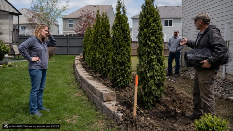 Homeowner Finds a Neighbor Planted Trees on the Surveyed Property Line — Then He Moves the Marker Stake and Wants Mesh Netting Further In